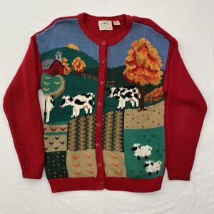 Countryside Classics Sweater Womens Medium Farm Animal Cardigan Cottage Granny
